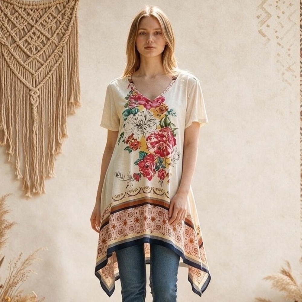 Johnny Was Tunic Women XS Cream Floral Excellent Oversized Boho Asymmetrical Hem